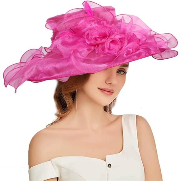 Women Sun Hat Church Wide Brim Hot Pink - Picture 1 of 7